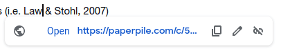 An in-text citation in Google Docs showing only a plain link chip — “Open https://paperpile.com/c/5…” with copy, edit and unlink icons — instead of the Paperpile citation dialog.